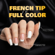 A hand with French Tip and Full Color manicures on a satin background.