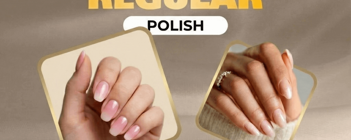 Comparison of gel and regular nail polish on hands.