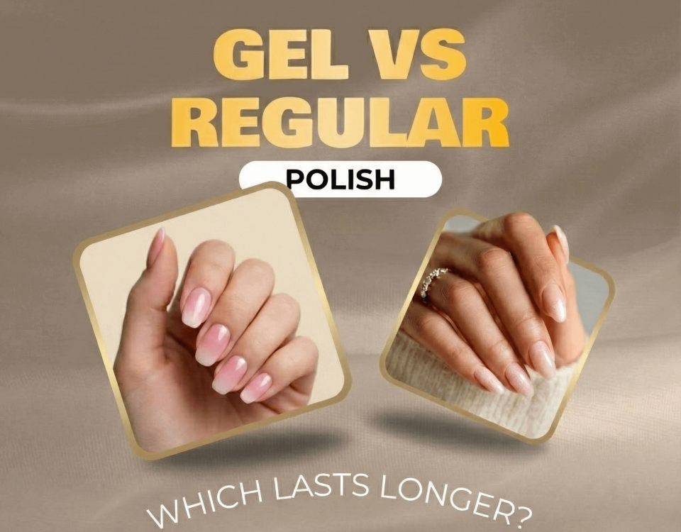 Comparison of gel and regular nail polish on hands.
