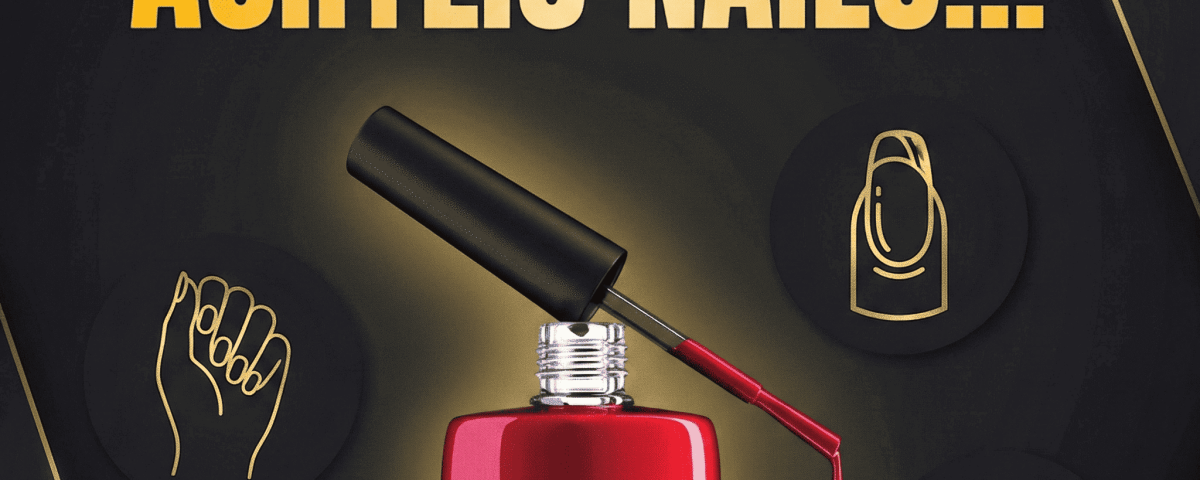 A bottle of red nail polish with an open cap and a drop from the brush.
